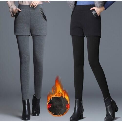 2021 New Autumn Winter Women Leggings Thick Warm Pants Splicing Fake Two-piece Pants High Stretch Leggings Y121