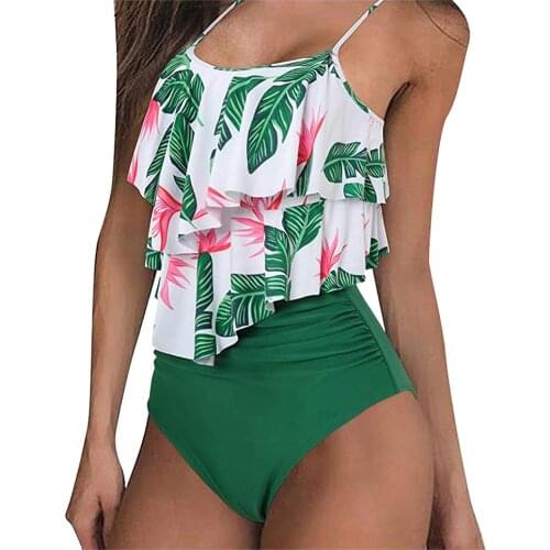 Women Sexy Ruffle High Waisted Swimsuits 2 Piece High Waist Bikini Set Spaghetti Straps Tankini Bathin Stroj Kapielowy Damski