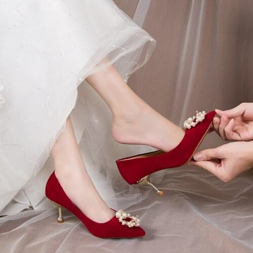 Large size 34-40 ladies single shoes spring and autumn new pointed shallow mouth suede red high-heel wedding shoes