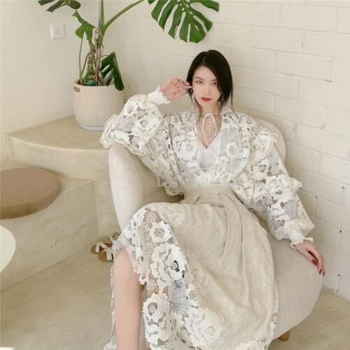 High Fashion Two Piece Set Women Top and Skirt Set 2021 Hollow Out White Lace Blouse + Irregular Long Skirt Sets Outfit Women