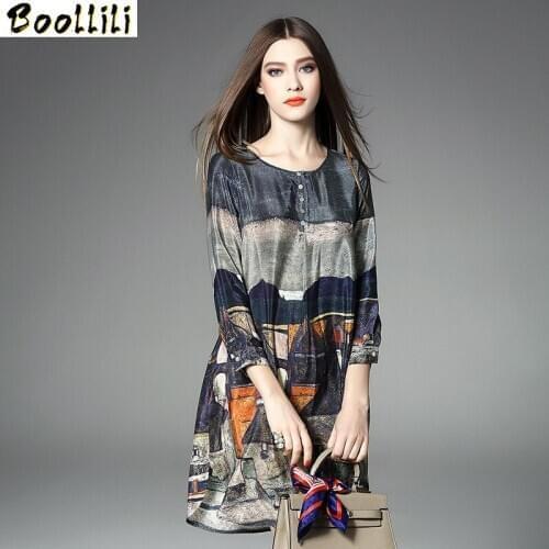 Boollili Real Silk Dress Women Spring Summer Dress Korean Midi Beach Dress Print Vintage Party Dress Vestidos Mujer