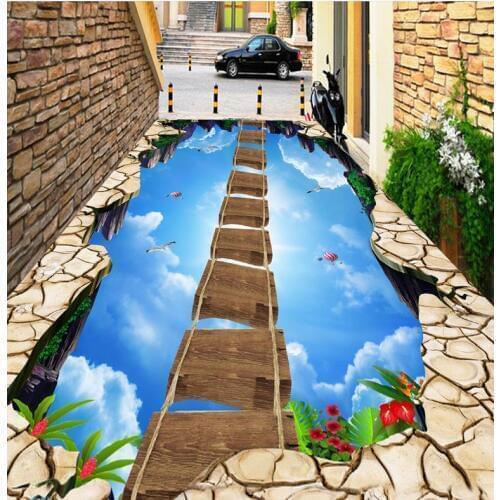 3d floor painting wallpaper Walkway Showroom Sky Suspension Wooden Bridge 3D Floor 3d pvc wallpaper 3d flooring
