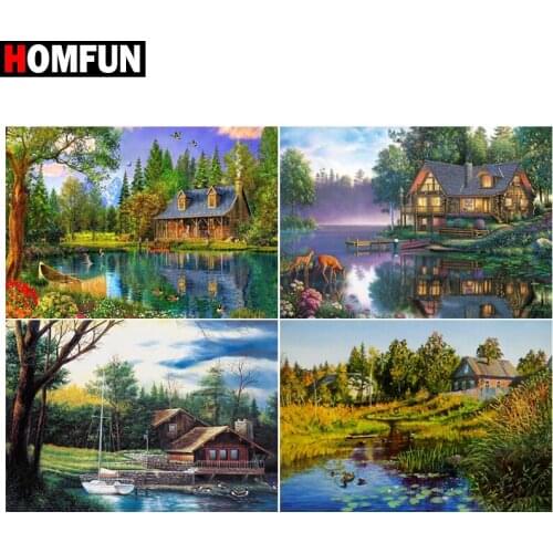 HOMFUN Diy Full Square Round Drill 5D Diamond Painting Cross Stitch Diamond Embroidery "House lake mountain" Home Decor Gift