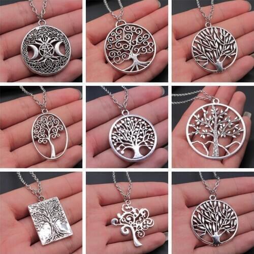 Antique Silver Color Fashion Tree Pendant Necklace Gift For Women Men Simple Tree Necklace Metal Chain Long Chain Necklace