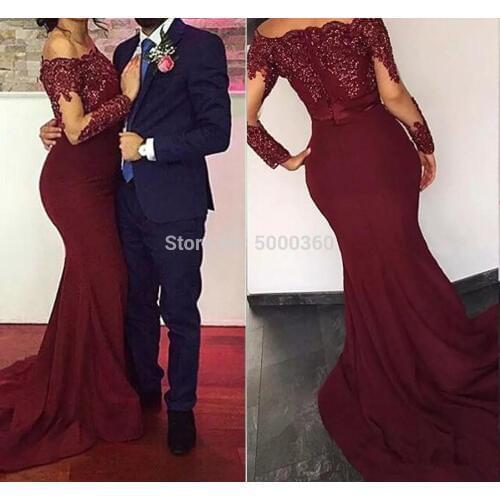 Burgundy Red Mermaid Evening Dresses 2017 Bateau Neck Long Sleeves Sequins Appliques Satin Cheap Prom Dresses Party Evening Wear