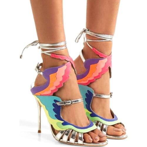 Luxury Shoes Femme Sexy Rainbow Color Ankle Strap Wings Sandals Gladiator Multicolor patchwork High Heels Women Party Shoes