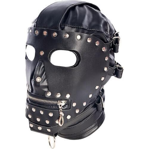 Adult Unisex Rivet PU Leather Bondage Hood Head Restraint Panel Gag Sex Fetish Products