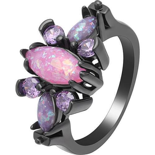Hainon Oval Pink Fire Opal Black Gold Color Fashion Rings for Women Purple Zircon Paved Promises Engagement Rings Jewelry