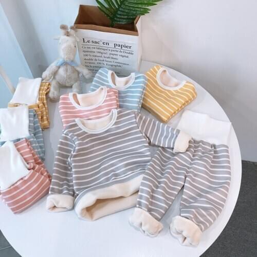 Childrens Striped Underwear Set Warm Two-Piece Boy Girls High Waist Navel Protection Plus Velvet Winter Baby Clothes Small Size