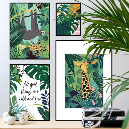 Sloth Panther Leopard Giraffe Jungle Nordic Posters and Prints Monstera Leaf Wall Art Canvas Painting Pictures for Living Room