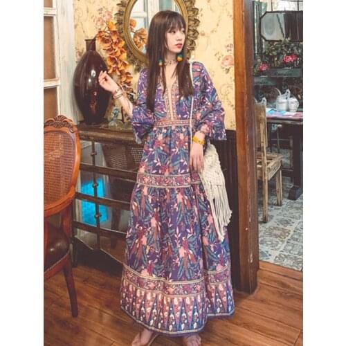 Summer Travel Bohemian Beach Holiday Loose Print Dress Korean Retro Ethnic Style v-Neck Trumpet Sleeve Long Dress