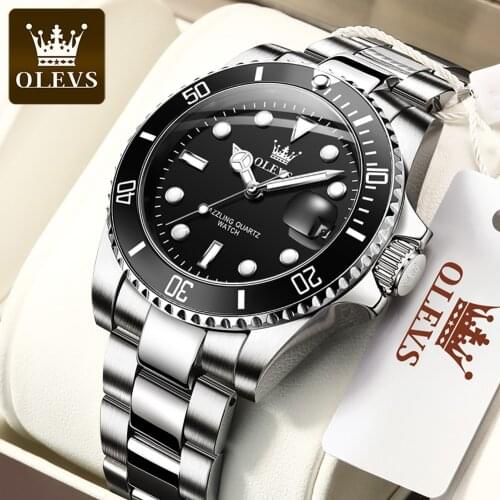 OLEVS Luxury Men Watches Black Dial Date Watch Men Stainless Steel Waterproof Business Sport Quartz Wristwatch Reloj Hombre