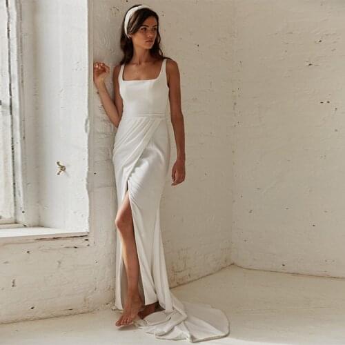 Soft Satin Simple Square Neck Wedding Gowns High Slit Pleated Beach Outdoor Zipper Mermaid Backless 2021 Bridal Dress Plus Size