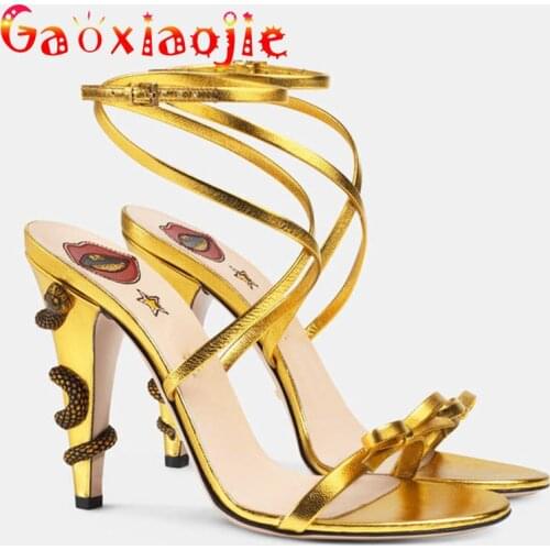 Soft And Comfortable Womens Microfiber Shoes Chic Mini-Snake Cross-Tied Ribbon High Heels Summer Sexy Bow One Word Band Sandals