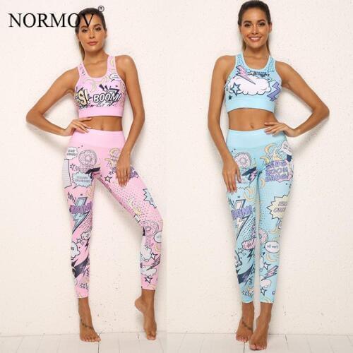 NORMOV 2 Piece Pink Cortton Letter Fruit Printed Tracksuit Set Women Workout Bra & Leggings Fitness Clothing Sweatsuit