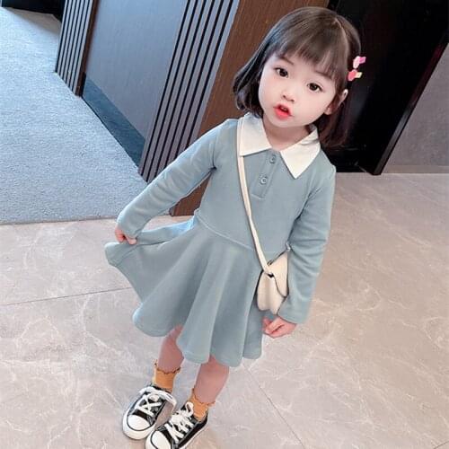 New Korean Fashion Toddler Dress Preppy Style Girls Long Sleeve Turn Down Collar A-line Dress Elegant Kids Party Dress Vestidoes