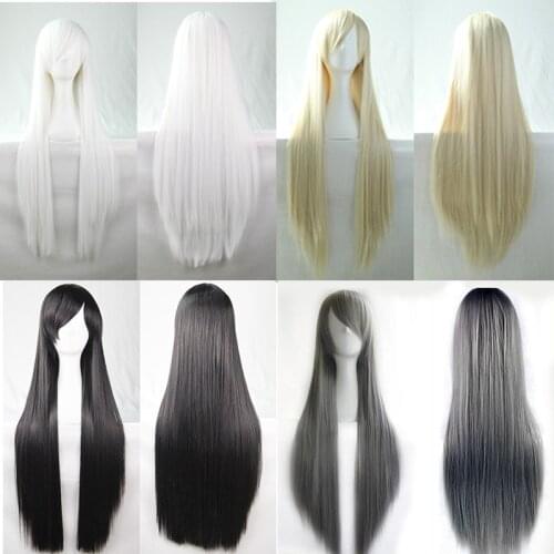 80cm Long Staight Wig Black white blue red high temperature fiber Synthetic Wigs Costume Party Cosplay Wig +Free Wig Cap C20K163