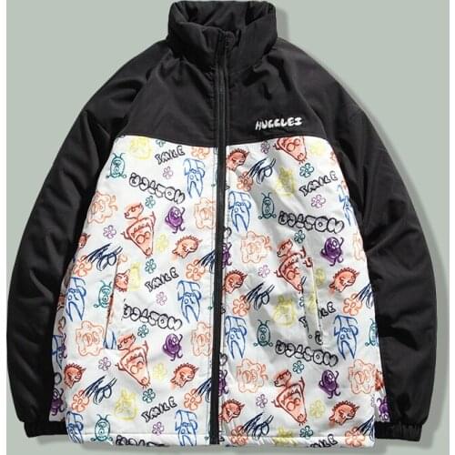 Hip Hop Graffiti Print Fashion Parka Mens Harajuku Streetwear Loose Parkas Winter Thicken Keep Warm Couple Unisex Coats Jackets
