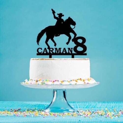 Personalized Cake Topper Custom Name Age Boy Hold Gun Riding Horse Cake Topper For Boys Birthday Party Cake Decoration YC124