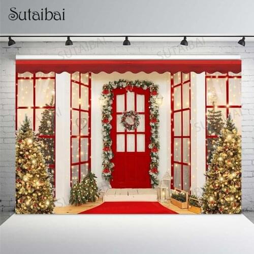 Merry Christmas Photo Backdrop Winter Xmas Tree Mistletoe Wreath Red Door Light Decor Kid Photography Background Photo Studio