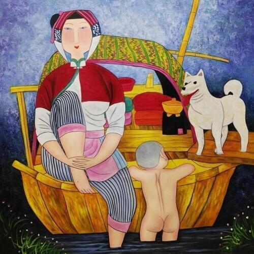 Hand painted Oil Painting on Canvas Hu YongKai Chinese Contemporary Art Woman Wall Art Pictures for Living Room Home Decor #1002