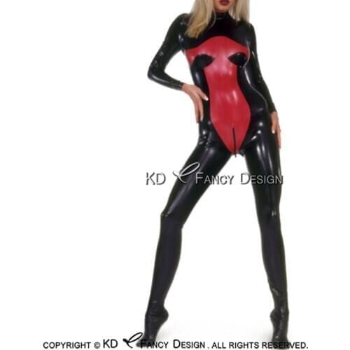 Black And Red Sexy Latex Catsuit With Feet Socks Back To Front Crotch Zip Rubber Bodysuit Zentai Overall Body Suit LTY-0240