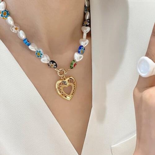 Lifefontier Colorful Love Heart Glass Beaded Imitation Pearl Necklace for Women Gold Color Metal Heart Pendant Necklace Jewelry