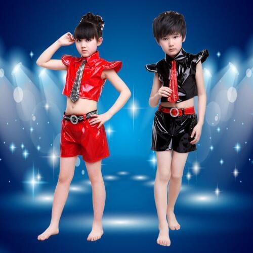 Baby Boys and Girls Dance Clothes Modern Dancing Jazz Costume Leather Jacket and Short Pants Suits /Set Performance Wear