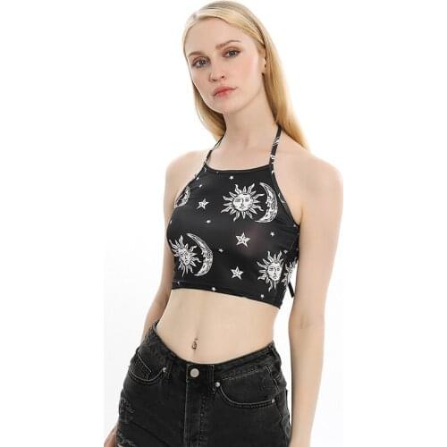 Vintage Crop Top Women Sexy Printed Backless Tank Top Sleeveless Summer Korean Style Kawaii Cropped Feminino Tops New