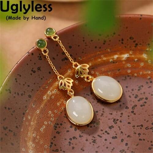 Uglyless Elegant Ethnic Lotus Earrings for Women Long Studs Earrings Natural Agate Jade Emerald Brincos Hollow Vintage Jewelry