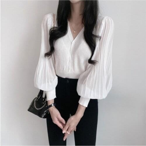 Cropped sweater Chiffon stitched Lantern Sleeve temperament V-neck Lantern Sleeve Sweater cardigan crop top