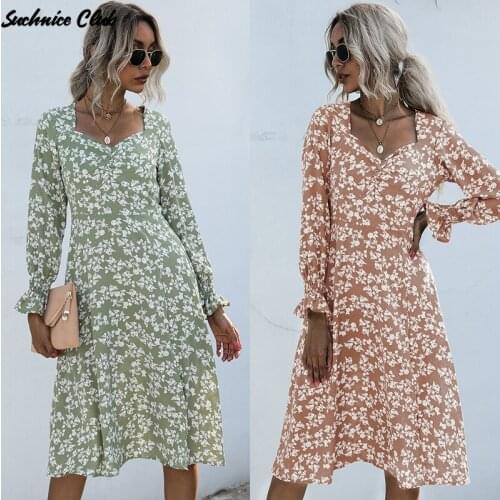 2021 Spring Print V-neck Pleated Dress High Waist Long Sleeve Mid-length Casual Dress European and American Womens Clothing