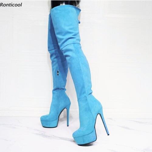 Ronticool Women Platform Thigh Boots Winter Side Zipper Stiletto Heels Round Toe Beautiful 10 Colors Dress Shoes Us Size 5-20