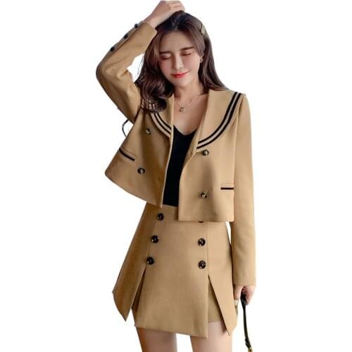 Autumn Runway Navy Style 2 Piece Set Women Fashion Double-Breasted Jacket Coat+High Waist Shorts Sets Casual 2 Piece Set Winter