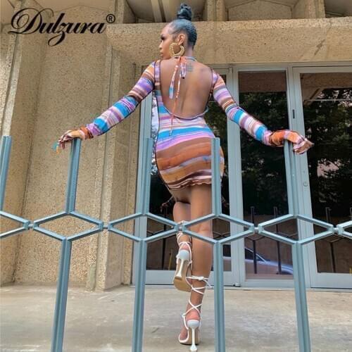 Dulzura stripe tie dye patchwork women mini dress lace up backless elegant bodycon sexy streetwear party 2020 autumn winter club