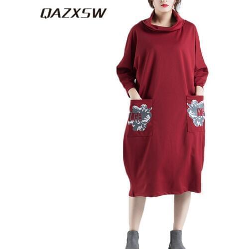 QAZXSW 2019 New Women Spring Dress Printing Plus Size Dresses For Women Harajuku Loose Turtleneck Dresses Vestido Feminino HB604