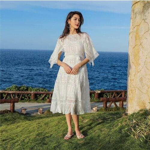 Elegant Beach Style O-neck Mesh Lace Women Dresses White Sashes Half Sleeve Holiday Mid-Calf Ladies Dreeses Slim Casual Dresses