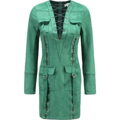 Sale High QUALITY Paris Fashion 2021 BAROCCO Runway Dress Womens Sexy Lacing Rope Vinage Suede Bodycon Dress