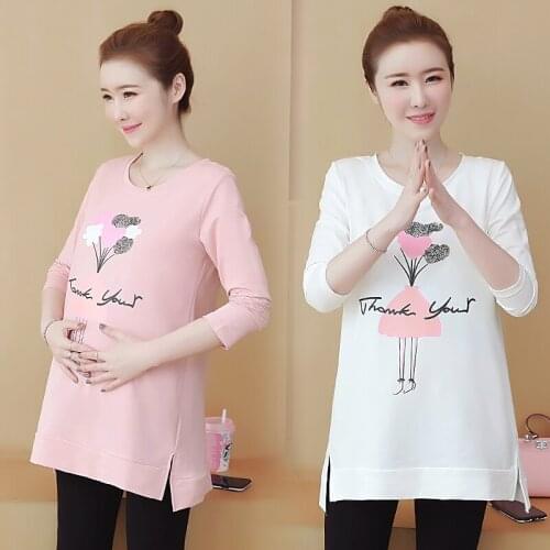 903# Maternity Clothes Long Sleeves O Neck T Shirt Easy Matching Loose Stylish Tops Pregnant Women Pregnancy Clothes