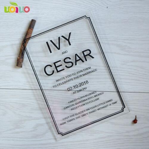 Free shipping 25pcs custom printing acrylic clear glass hot sell attractive laser cut wedding supply invitation card