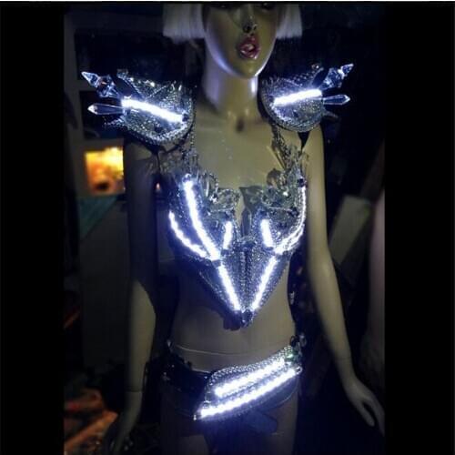 KS52 Bar performance dj armor bodysuit sexy bikini crystal led light costumes party wears outfits show clothe luminous robot bra