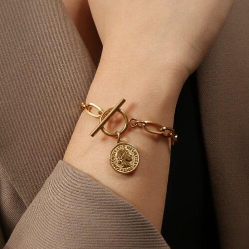 Silver Color/Gold Color Stainless Steel Coin Bracelet For Women Metal Pesos Charm Bracelet Femme Acier Inoxydable Chaine