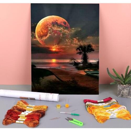 Landscape Moon Printed Water-Soluble Canvas 11CT Cross-Stitch Patterns DIY Embroidery DMC Threads Painting Knitting Jewelry