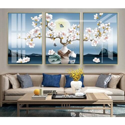 Art Poster Canvas Print Peach Blossom Bottle Sakura Tree Moon Night Montain Paintings Home Decoration Living Room Wall Pictures