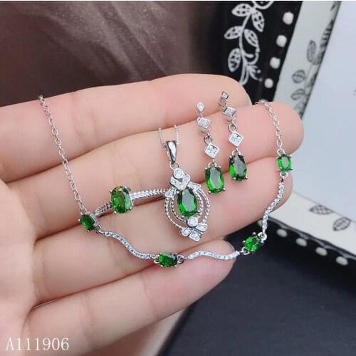 KJJEAXCMY Fine Jewelry 925 sterling silver inlaid natural diopside gemstone female pendant ring earrings bracelet set to send ne
