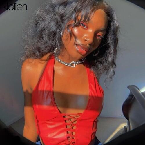 KLALIEN Fashion Sexy Hollow Out Bandage Solid Pu Leather Female Tank Top Women Summer Club Street Wild Slim Stretch Crop Top