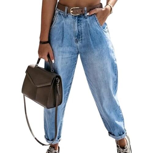 Fashion High Waist Women Jeans Light Wash Zipper Full Length Pants Pockets Casual Straight Denim Trousers Pants