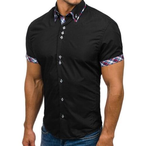 2021 Men Cotton Double Collar Plaid Shirts High Quality Short Sleeve Slim Fit Business Casual Shirt Cardigan Tops Male Clothing