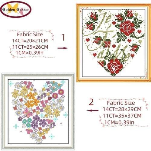 GG Heart-shaped Flowers Stamped Cross Stitch Kits 11ct 14ct Embroidery Set Chrinese Counted Cross Stitch Pattern for Home Decor