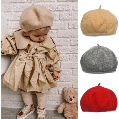 Autumn Winter Wool Baby Girl Beret Solid Color Cute Kids Beret Hat Children British Style Painter Hats